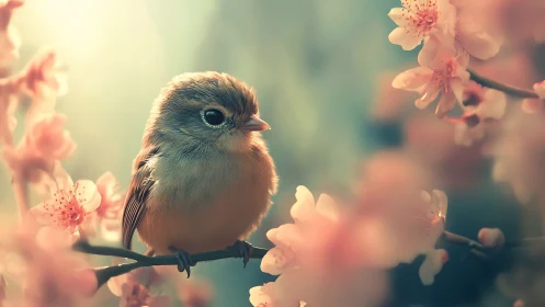 Small songbird on branch among soft pink blossoms outdoors.