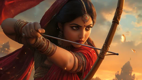 Warrior archer in red sari poised against burning sunset sky.