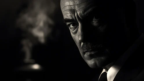 High-contrast monochrome portrait uses hard key lighting on stern face