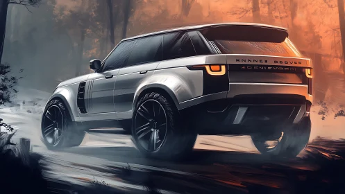 Sleek silver SUV roaming through a misty twilight forest.