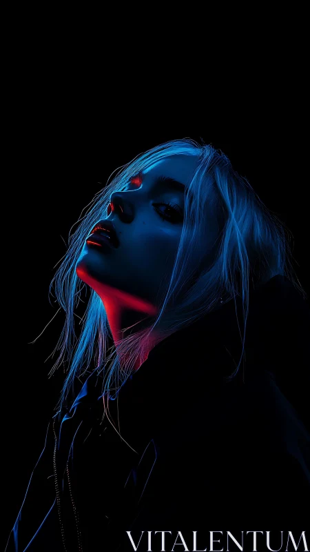 Neon blue portrait isolates tilted face in black void
