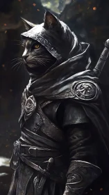 Hooded feline warrior stands in profile wearing worn armor