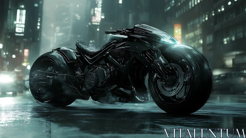 Midnight cyber bike waits in the rain lit by city lights
