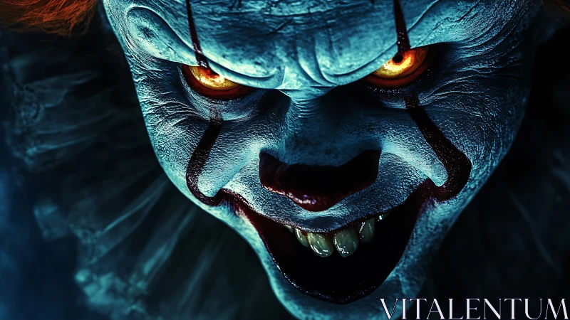 Sinister carnival grin tightens across a nightmare-blue face