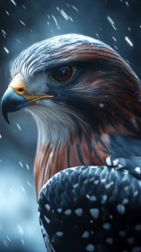 Regal hawk portrait in drifting winter snowfall.