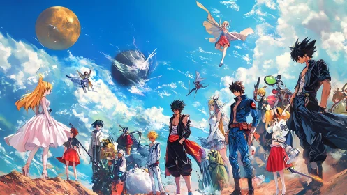Large anime ensemble under vivid sky with twin planets.