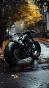 Photorealistic custom motorcycle on wet autumn street scene.