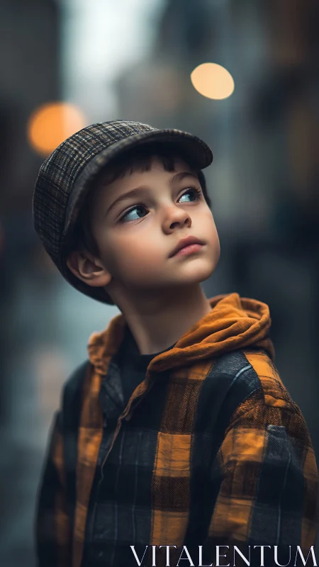 Young subject in plaid outerwear gazing upward amid urban bokeh.