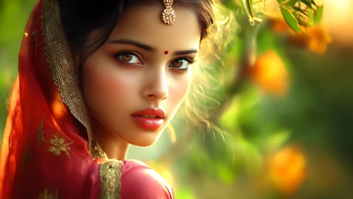 Digital portrait shows woman in red sari against blurred foliage