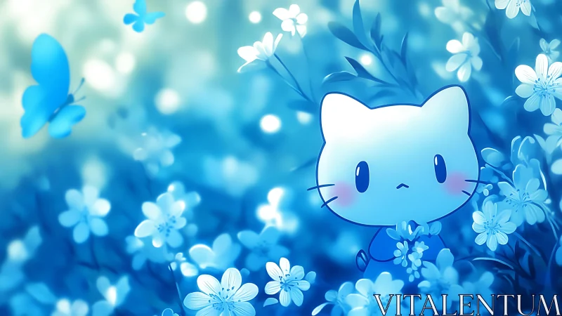 Cartoon cat figure is positioned among stylized blue flowers