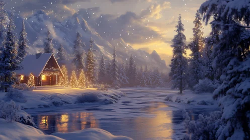 Digital painting of winter cabin beside reflective river at dusk.