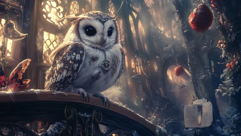 Mystical owl with pendant in glowing winter forest hall