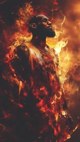 Basketball player portrait rendered as volumetric flames and embers