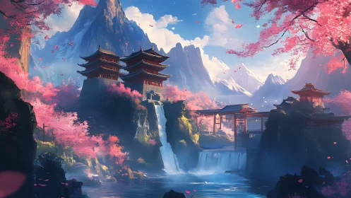 Mountain shrine complex with waterfalls and cherry blossoms at dawn