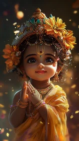 Radiant child in golden attire with floral festival glow.