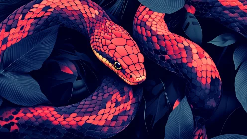 Neon coral serpent coiled through stylized indigo foliage.