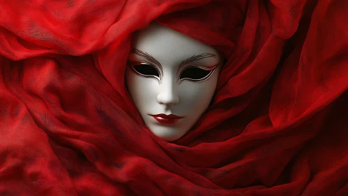Digital painting portrait of masked face in red draped fabric.