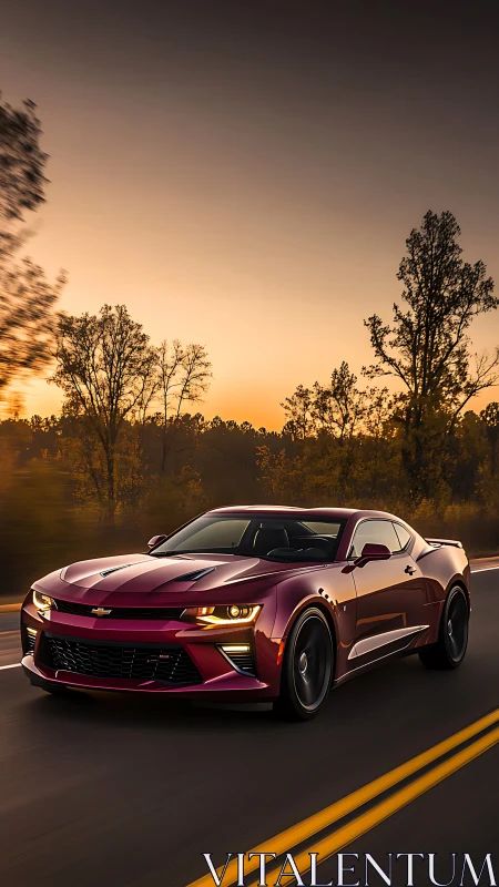 Red performance coupe driving on rural highway at sunset.