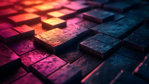 Abstract 3D Blocks with Neon Lighting in Futuristic Style.