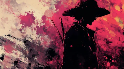 Silhouetted swordsman in hat against red abstract sky.