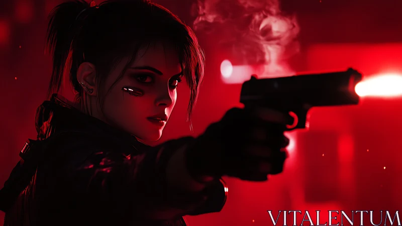 Cybernetic operative discharging sidearm in neon red bloom.