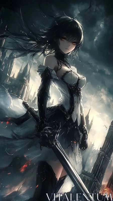 Dark fantasy swordswoman in gothic ruin environment digital painting.