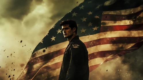 Pilot silhouette before stormy sky and worn US flag.