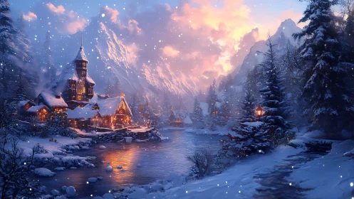 Winter lanterns kindle magic over a spellbound mountain river.