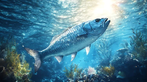Silver fish swims through sunlit coral reef environment