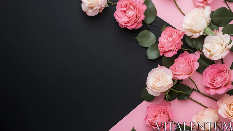 Pink and Cream Roses on Black and Pink Split Background