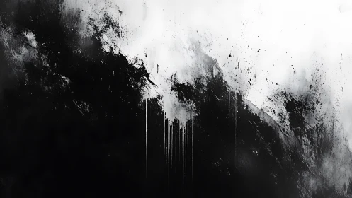 Monochrome abstract splatter with vertical black drips.