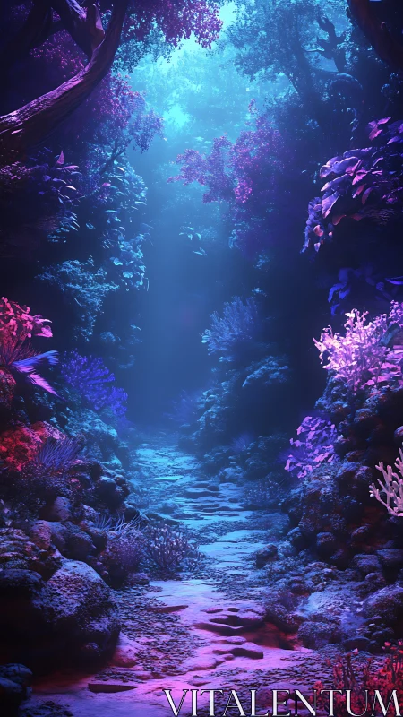 Dreamlit forest path washed in soft neon twilight hues.