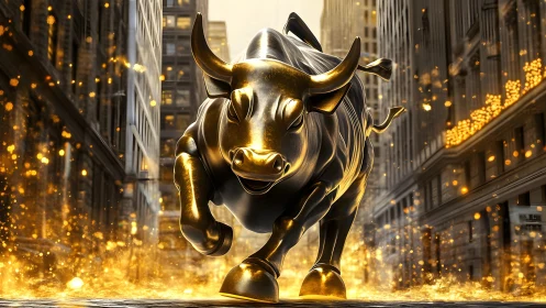 Charging golden bull in vibrant city street, digital art style.
