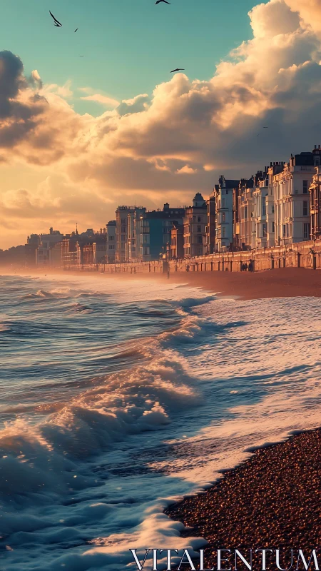 Golden hour waves roll onto a coastal city promenade