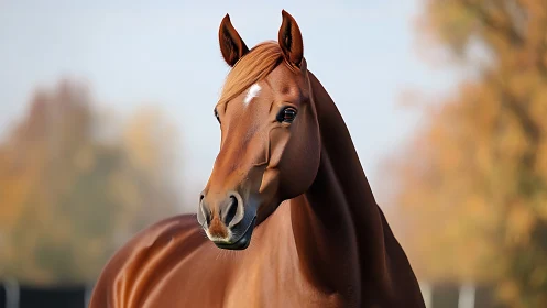 Chestnut horse portrait outdoors in soft autumn light.