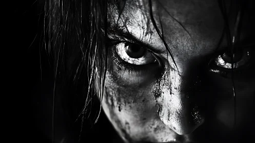 Intense mud-streaked face glares through dramatic shadows.