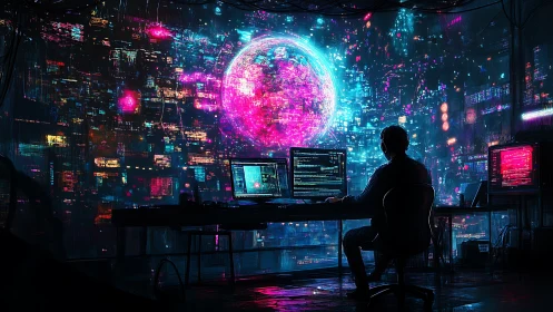 Solitary coder facing neon digital globe in dark studio.