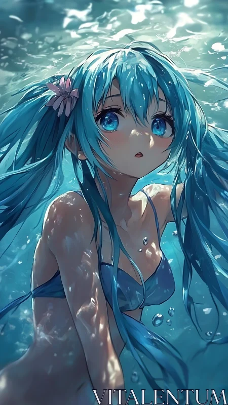 Gentle aqua haired swimmer in sunlit underwater calm.