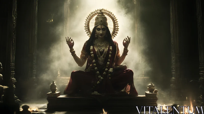 Hindu goddess statue seated in ornate temple interior.