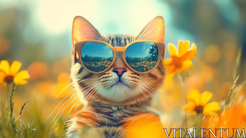 Feline Subject with Reflective Sunglasses in Floral Environment