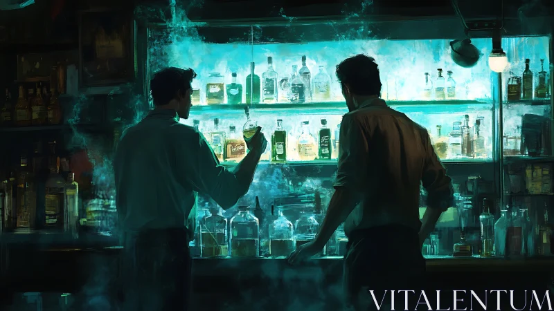 Two men examining liquor bottles at illuminated bar counter.