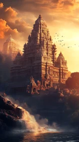 Sunlit temple citadel above roaring waterfalls at dusk.