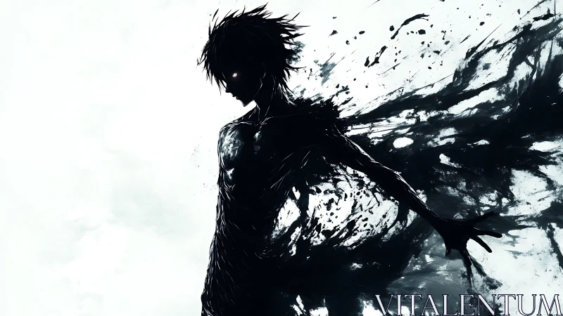 Shadow-splintered humanoid silhouette in kinetic ink dispersion.