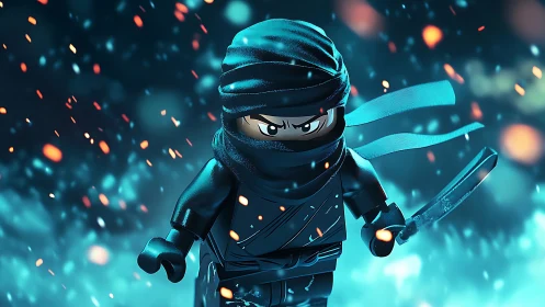 Lego-style ninja warrior in cinematic teal and ember storm.