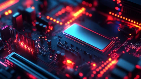 Illuminated motherboard closeup shows CPU package with red status LEDs