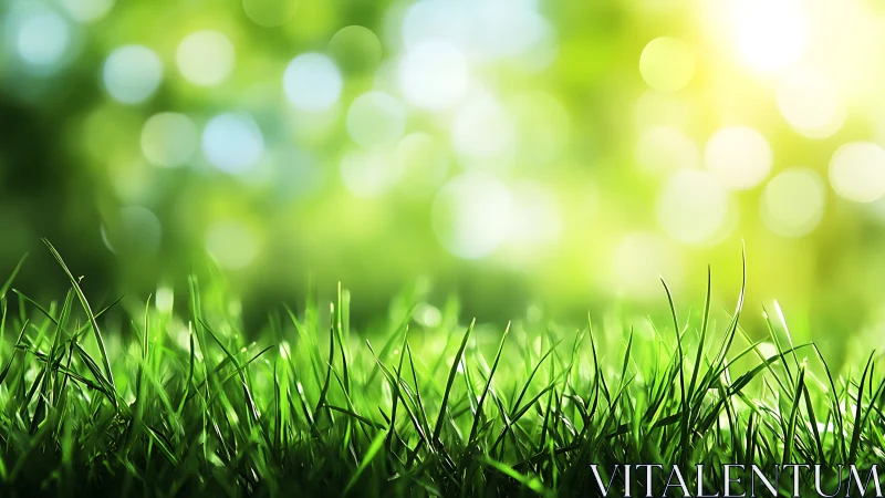 Lush Green Grass with Sunlight, Soft Focus Nature Background.
