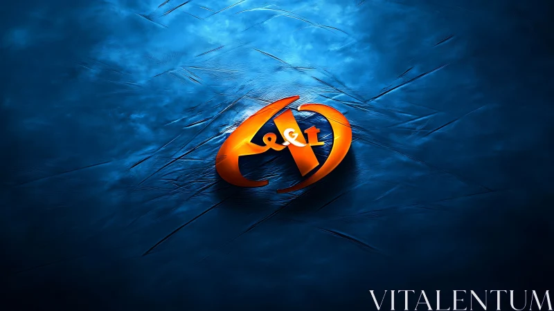 Glossy orange emblem on textured blue illuminated backdrop.
