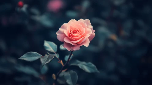 Coral Pink Rose Bloom with Selective Focus and Bokeh Background
