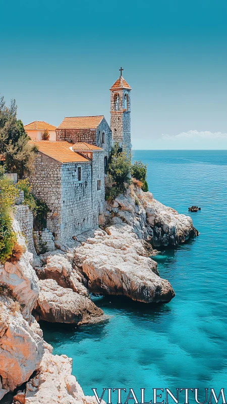 Coastal Orthodox Church on Clifftop with Turquoise Sea