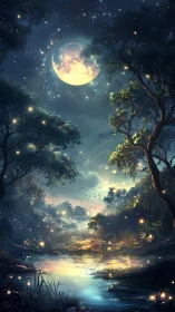 Moonlit forest river under glowing stars and fireflies.